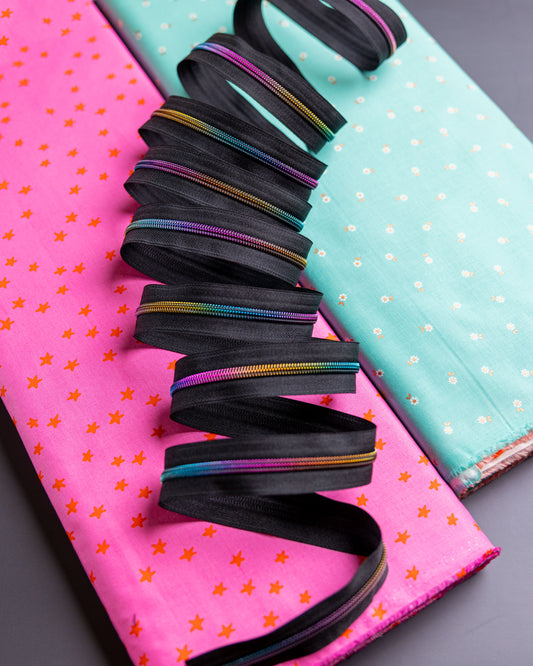 Sassafras Lane Black Zipper Tape with Rainbow Teeth