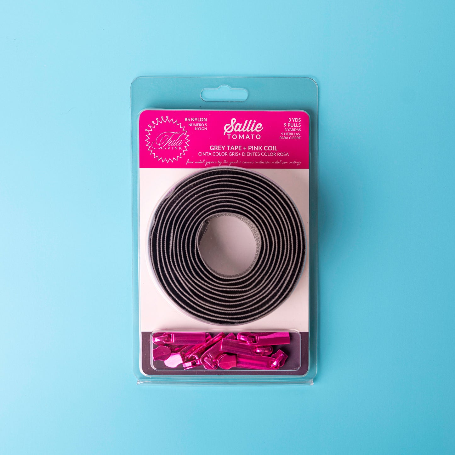 Sallie Tomato x Tula Pink Grey Zipper Tape with Pink Coil & Zippers