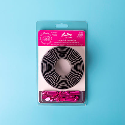 Sallie Tomato x Tula Pink Grey Zipper Tape with Pink Coil & Zippers