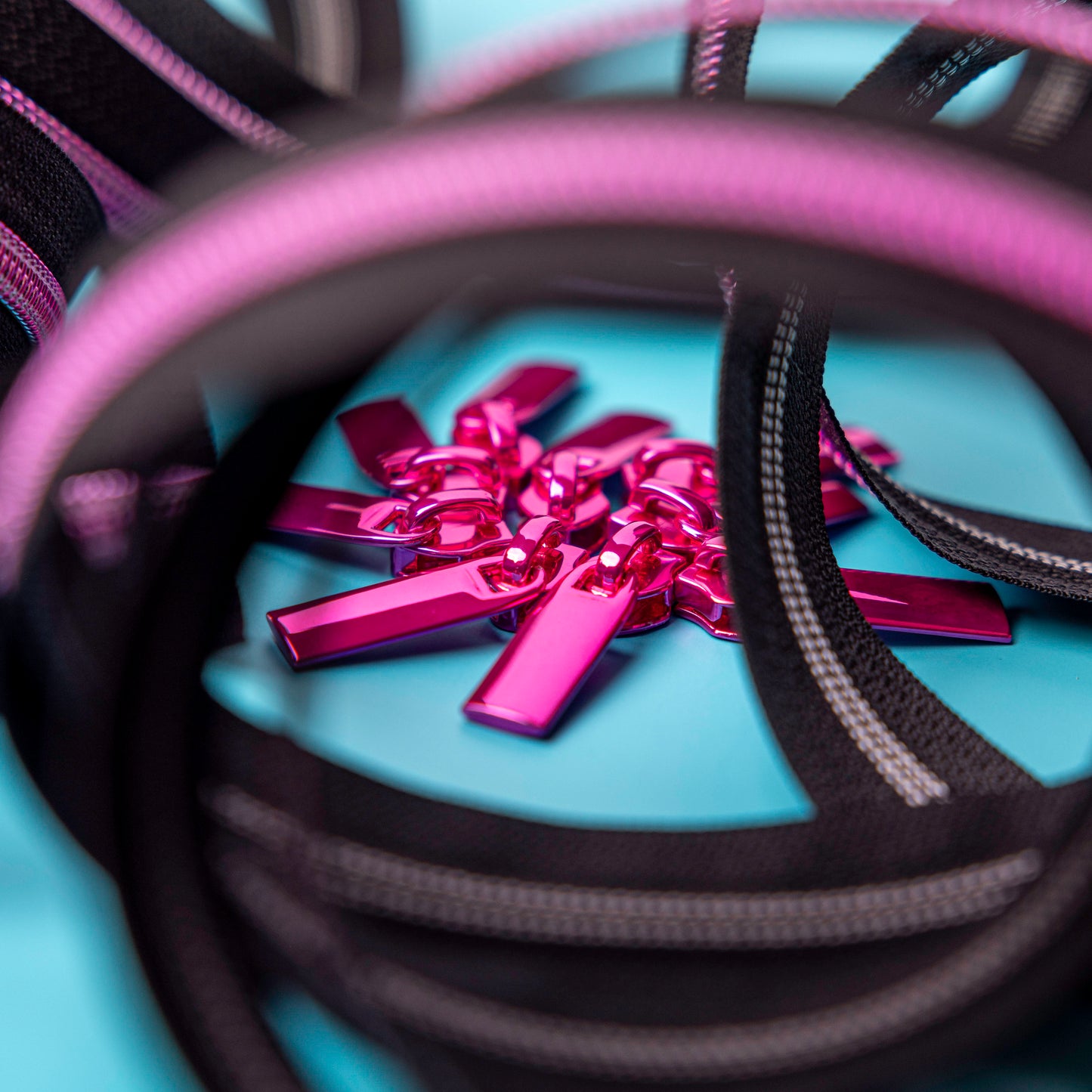 Sallie Tomato x Tula Pink Black Zipper Tape with Pink Coil & Zippers